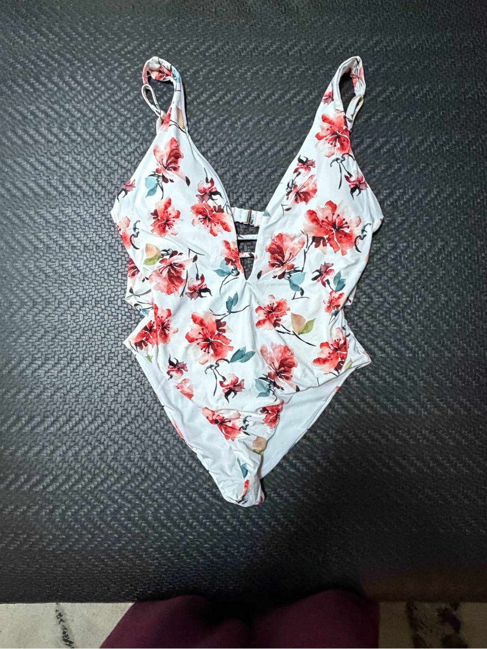 Lucky Brand White One-Piece Swim with Red Floral Print
